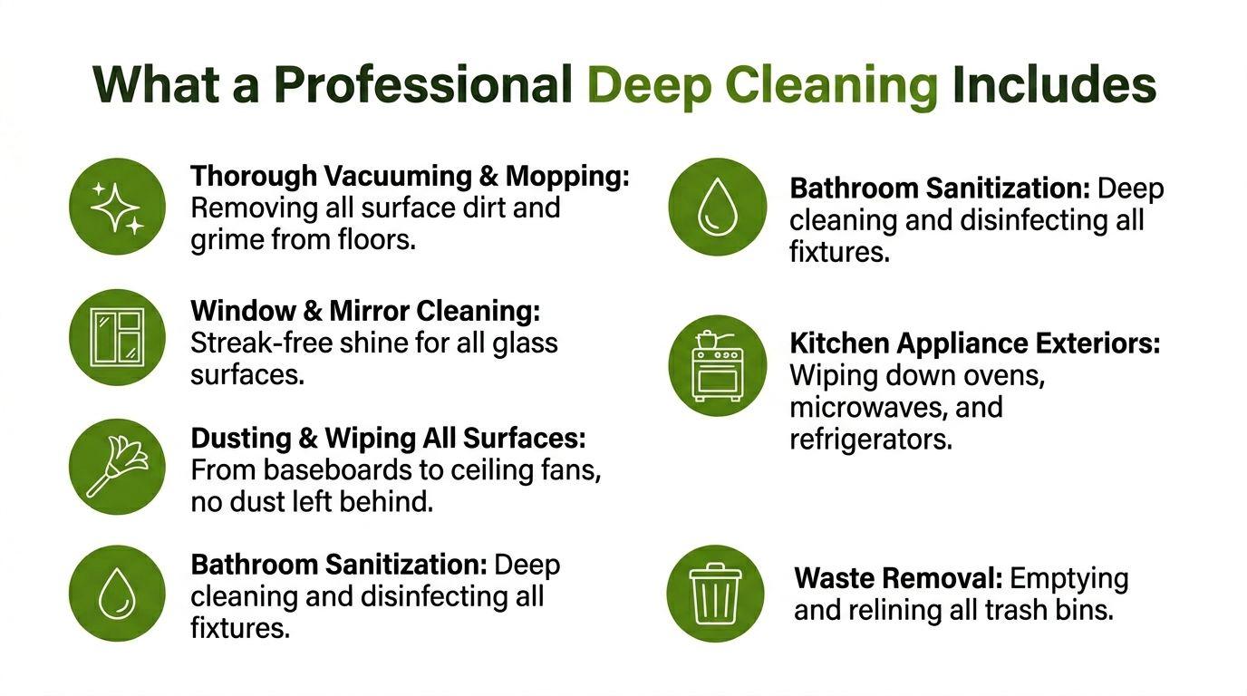 A professional deep cleaning services checklist showing tasks like vacuuming, dusting, sanitization, and kitchen appliance cleaning.