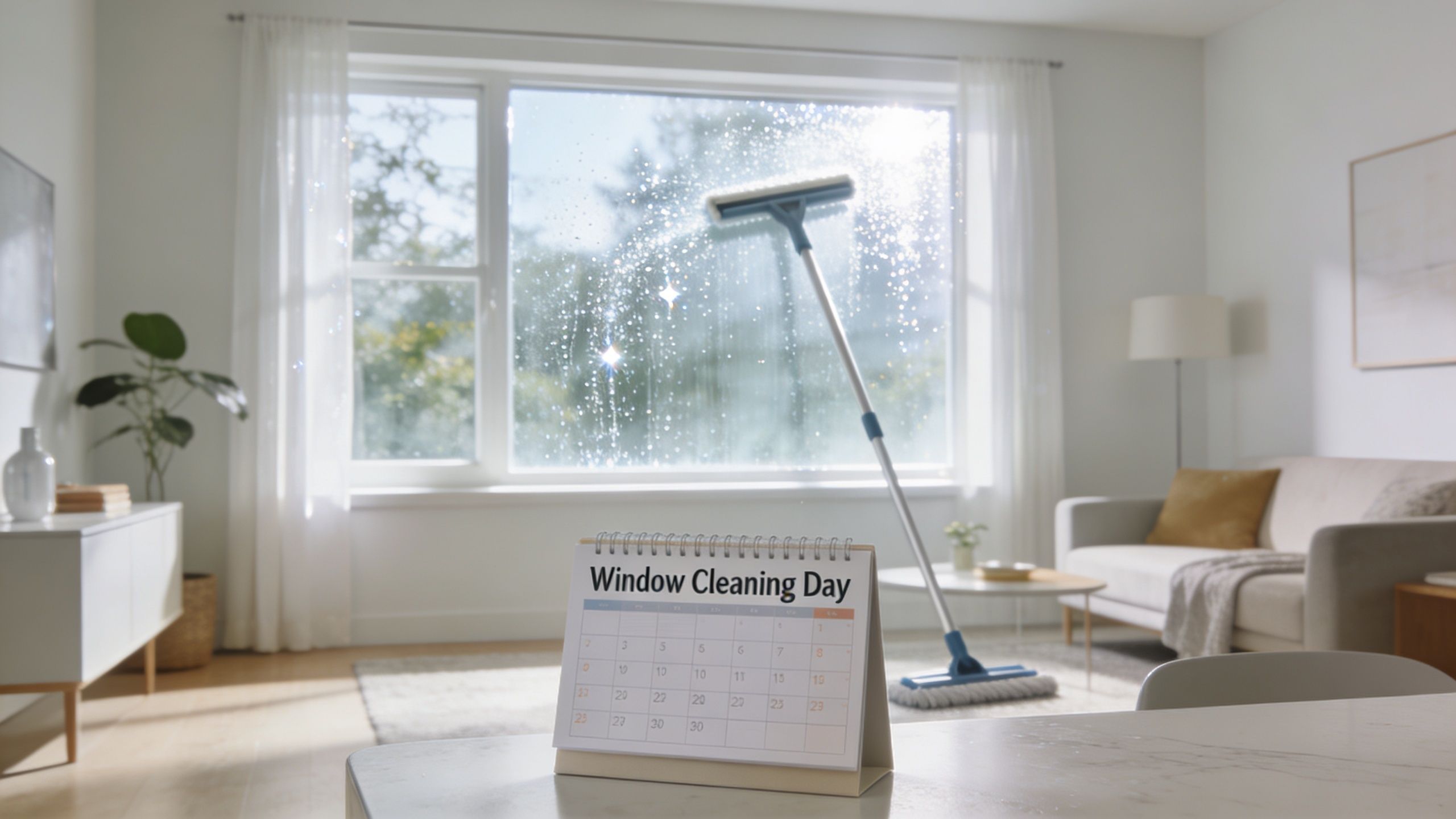 A calendar labeled Window Cleaning Day placed on a table with a window cleaner tool in the background.