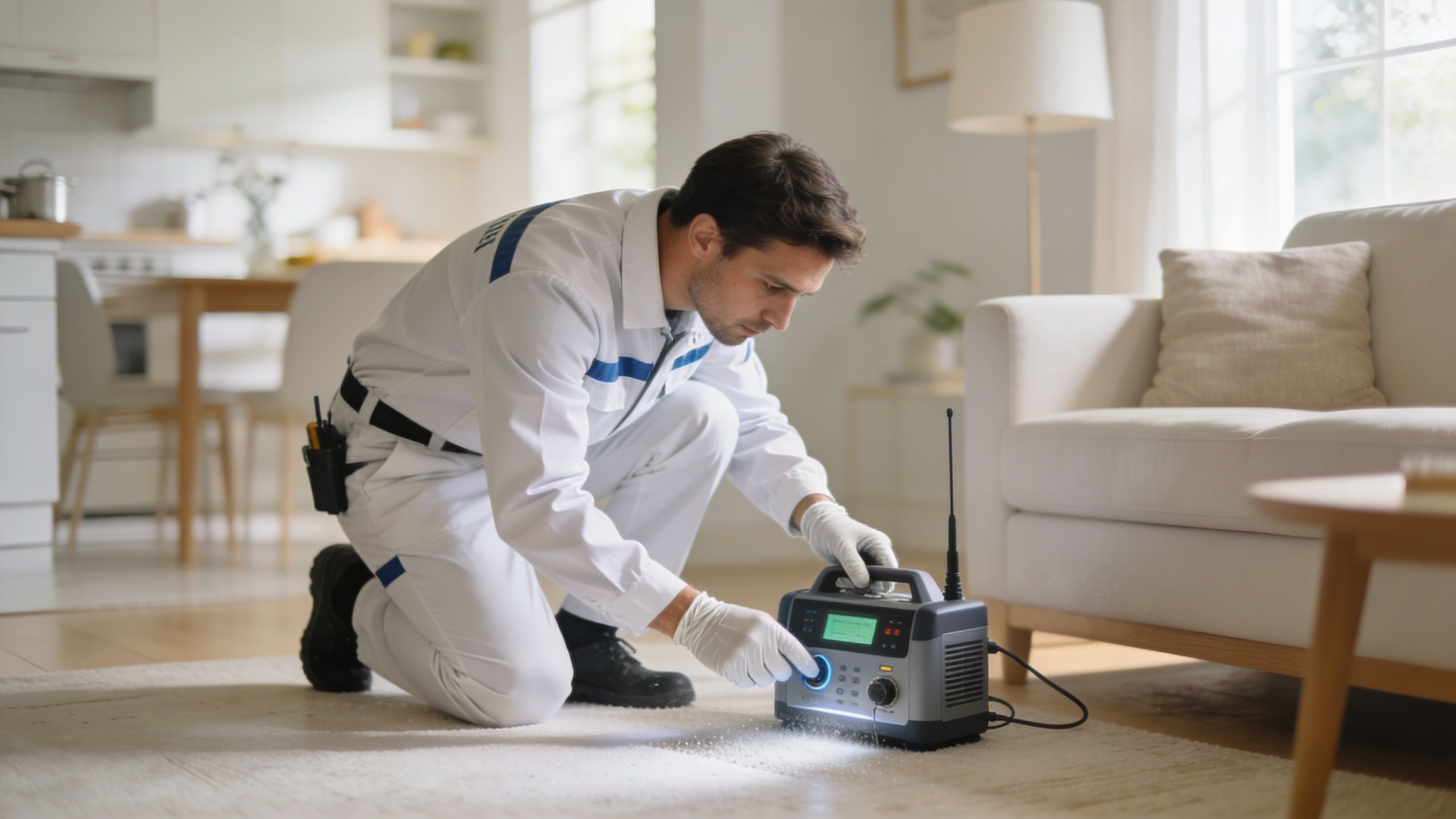 A professional technician using specialized equipment to detect and eliminate household odors on a living room carpet.