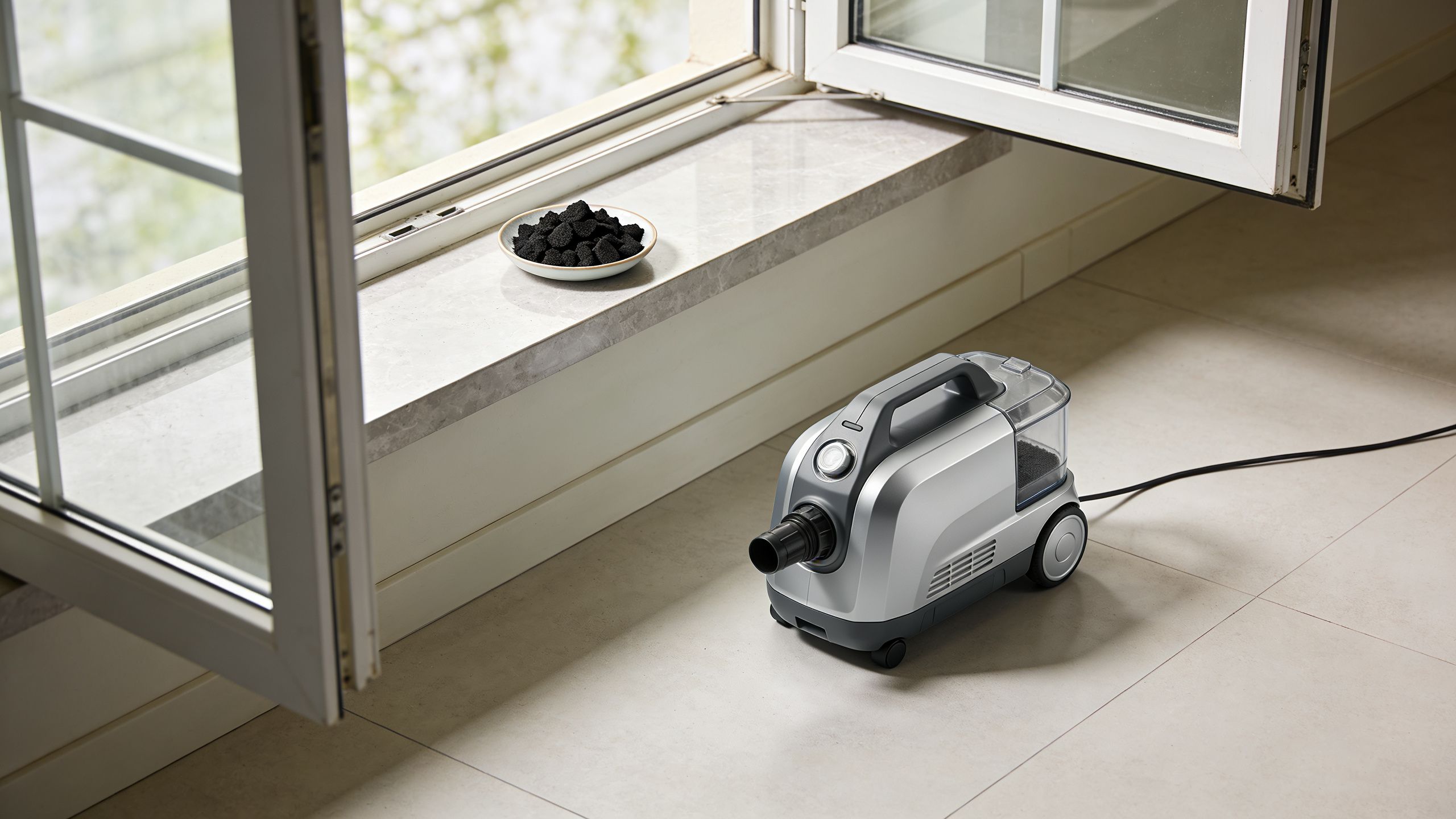A modern silver canister steam cleaner sits on a tile floor next to a window with charcoal.