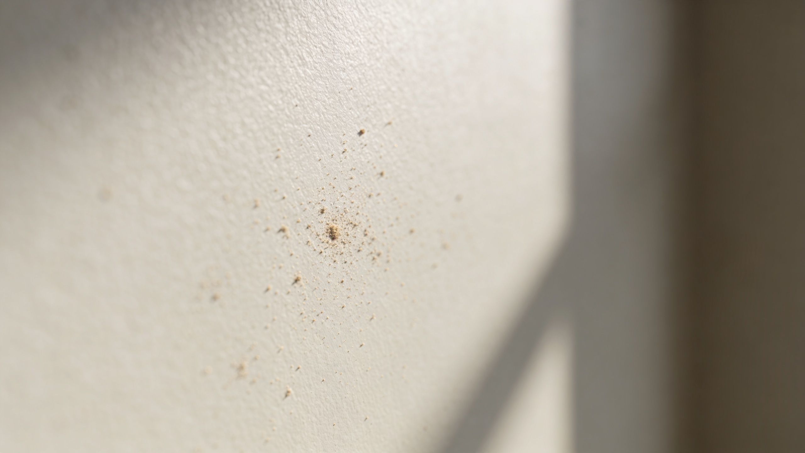 A close-up view of small dust particles scattered on a smooth, white matte painted wall.