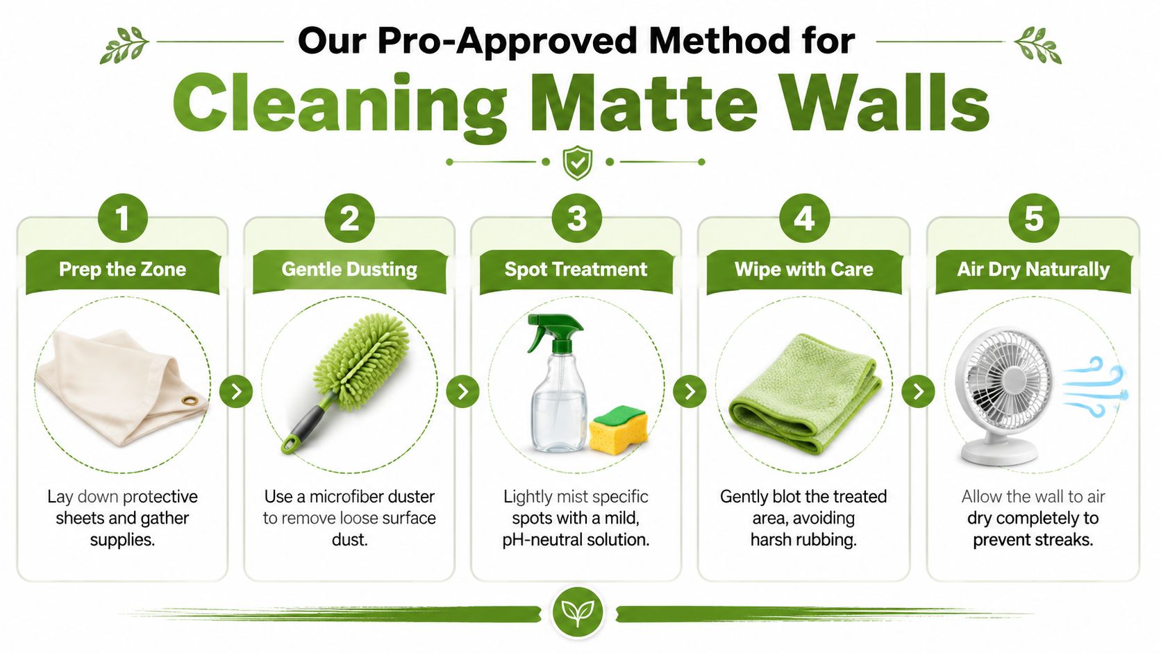 An infographic showing a five-step professional method for cleaning matte painted walls using gentle techniques.