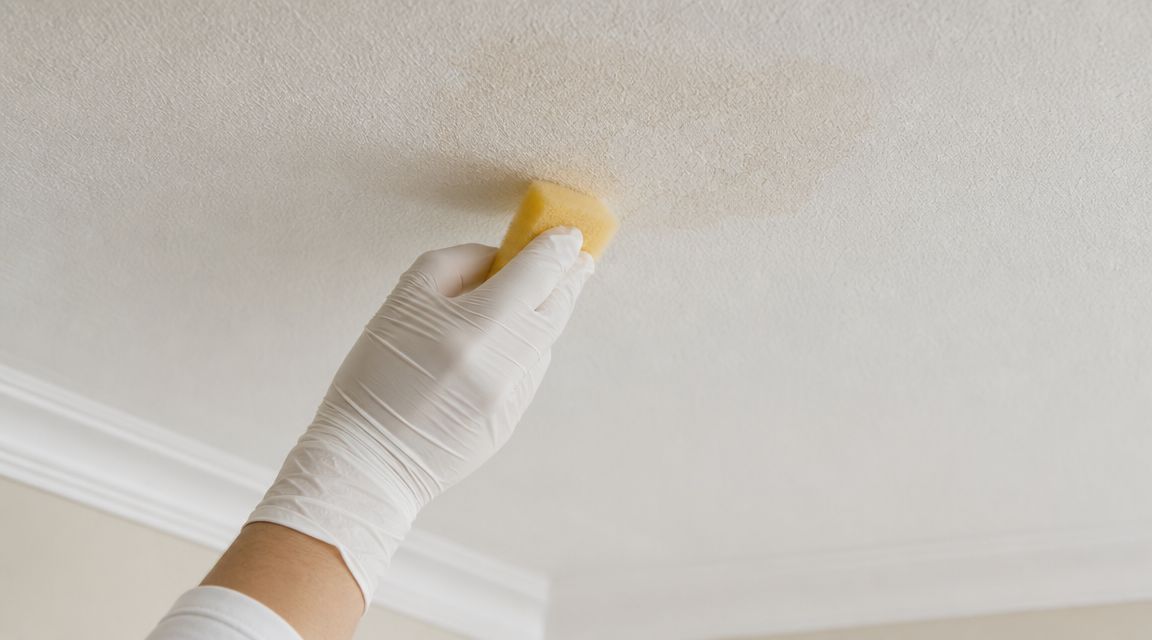 A hand wearing a white glove using a yellow sponge to clean a textured ceiling stain.