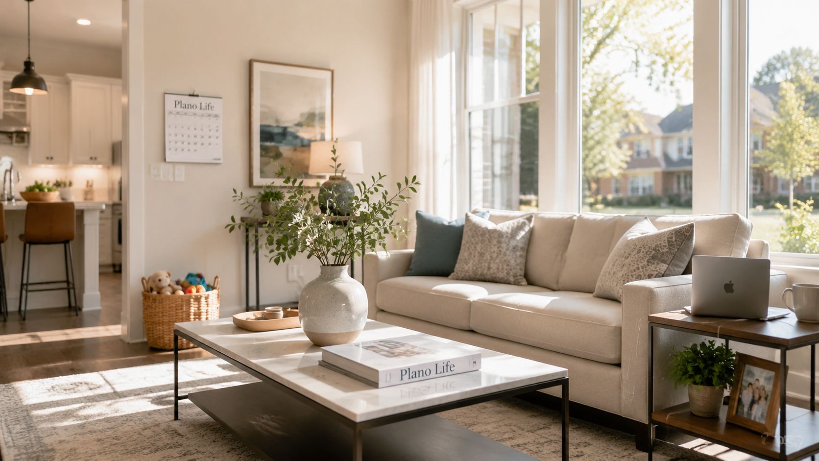 A bright, modern living room interior in Plano, Texas, featuring a comfortable sofa and tasteful decor.