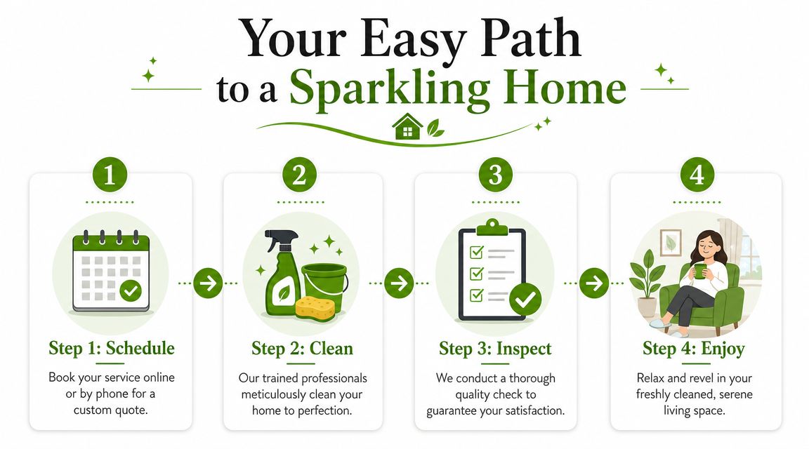 A four-step infographic illustrating a simple house cleaning process from scheduling to enjoying a clean home.