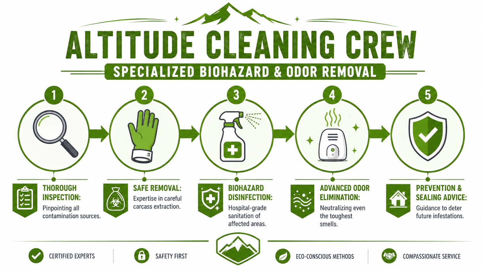 A five-step process infographic for Altitude Cleaning Crew showing biohazard removal, odor elimination, and prevention services.