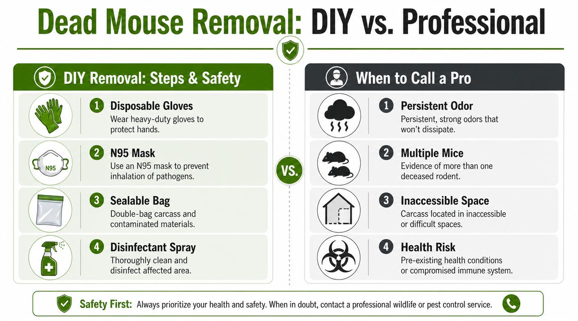 An infographic comparing DIY dead mouse removal steps with signs indicating when to call a professional pest service.