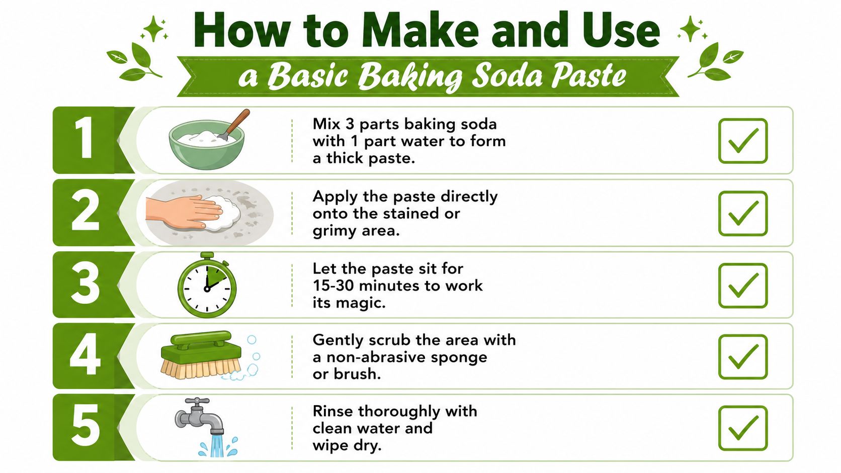 A five-step instructional guide on how to make and use a basic baking soda cleaning paste.