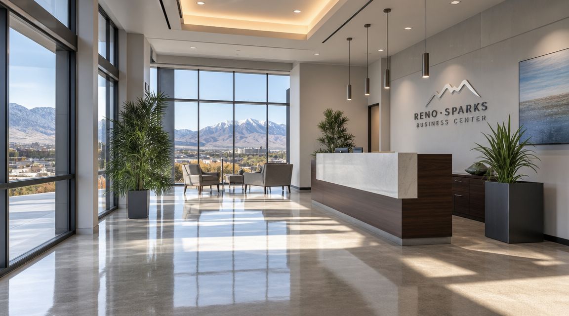 A modern and clean office lobby featuring a polished concrete floor, reception desk, and mountain views.