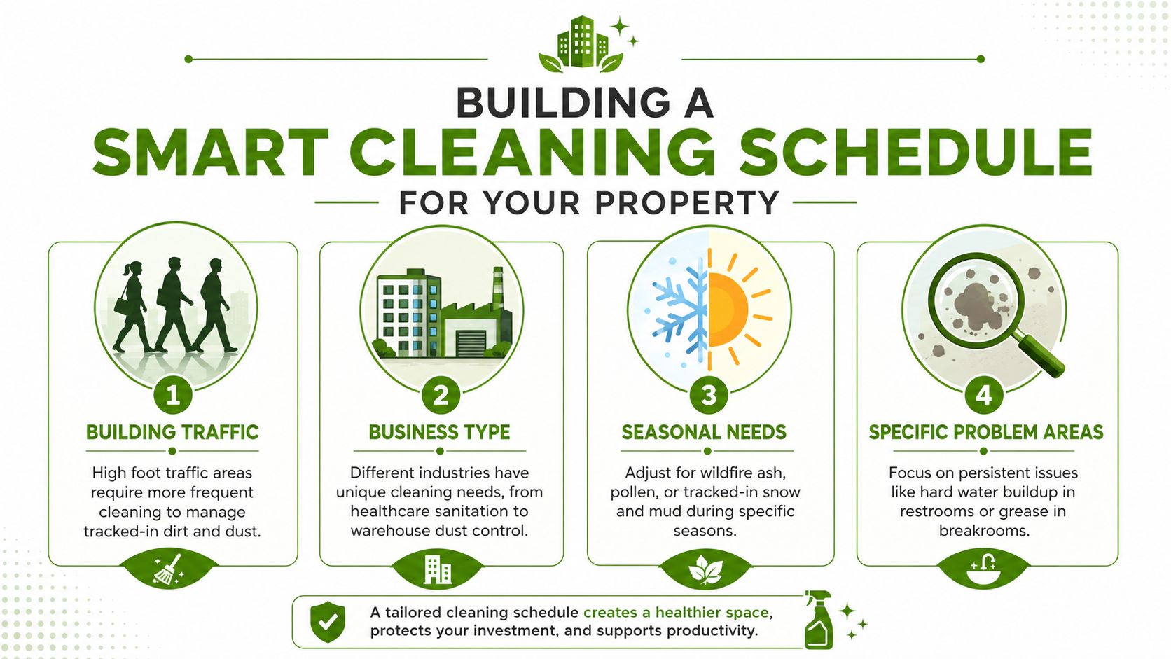 An infographic titled Building a Smart Cleaning Schedule outlining four key factors for property maintenance planning.