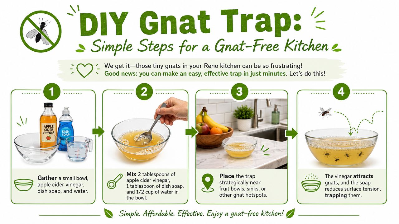 An infographic showing four simple steps to make a DIY gnat trap using vinegar and dish soap.