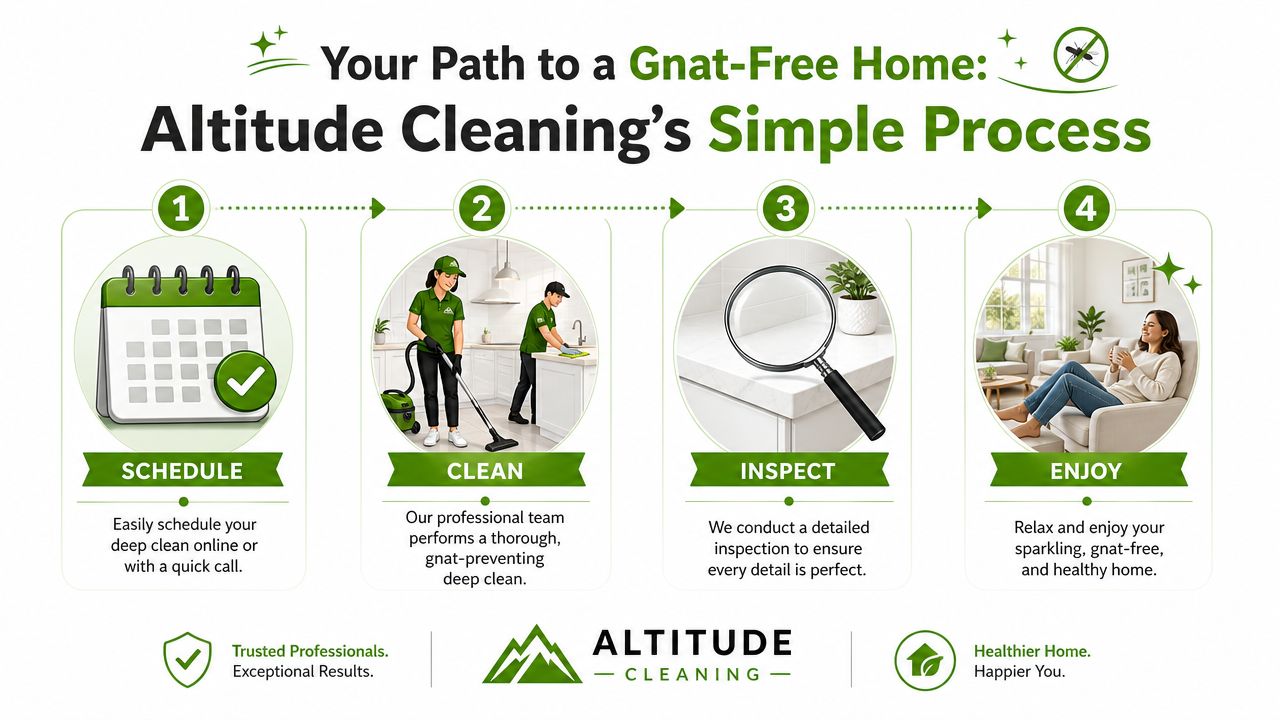A four-step infographic illustrating Altitude Cleaning's professional process for achieving a gnat-free home environment.