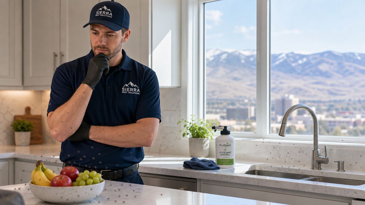 A professional pest control technician inspecting a kitchen fruit bowl infested with many small gnats.