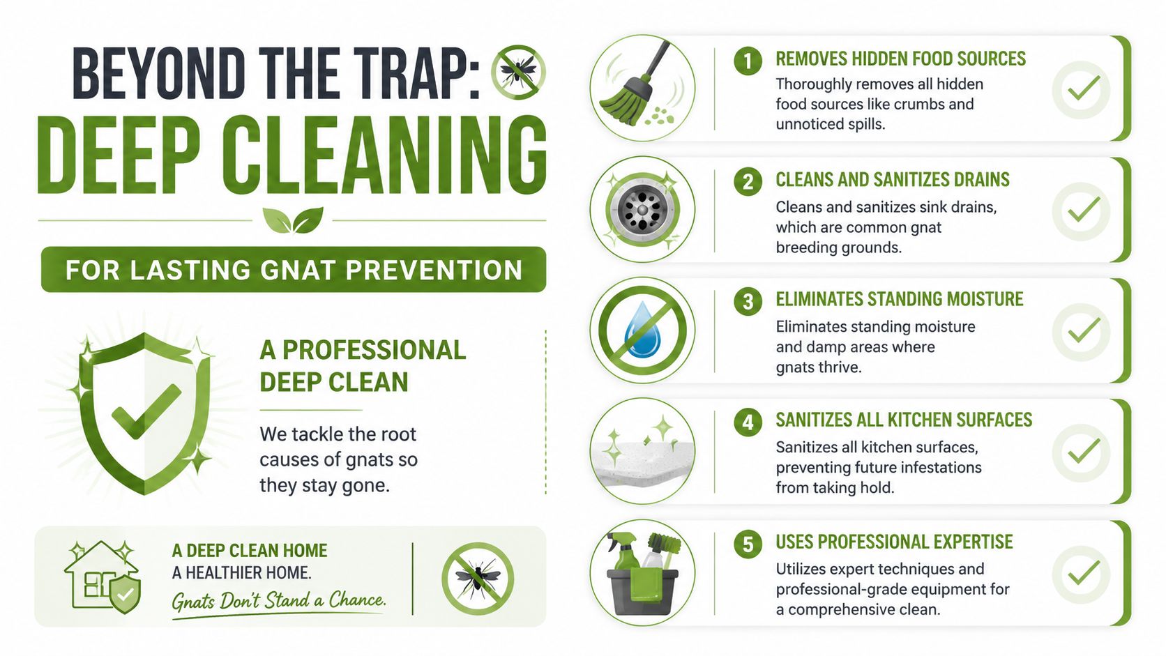 An infographic detailing deep cleaning steps to prevent gnats, including removing food sources and sanitizing surfaces.