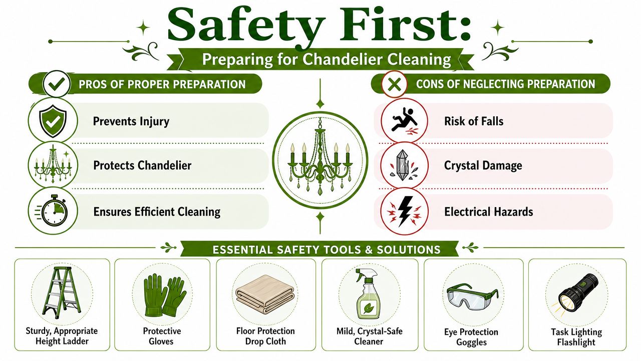 An infographic detailing safety precautions, risks, and tools for properly cleaning a crystal chandelier.