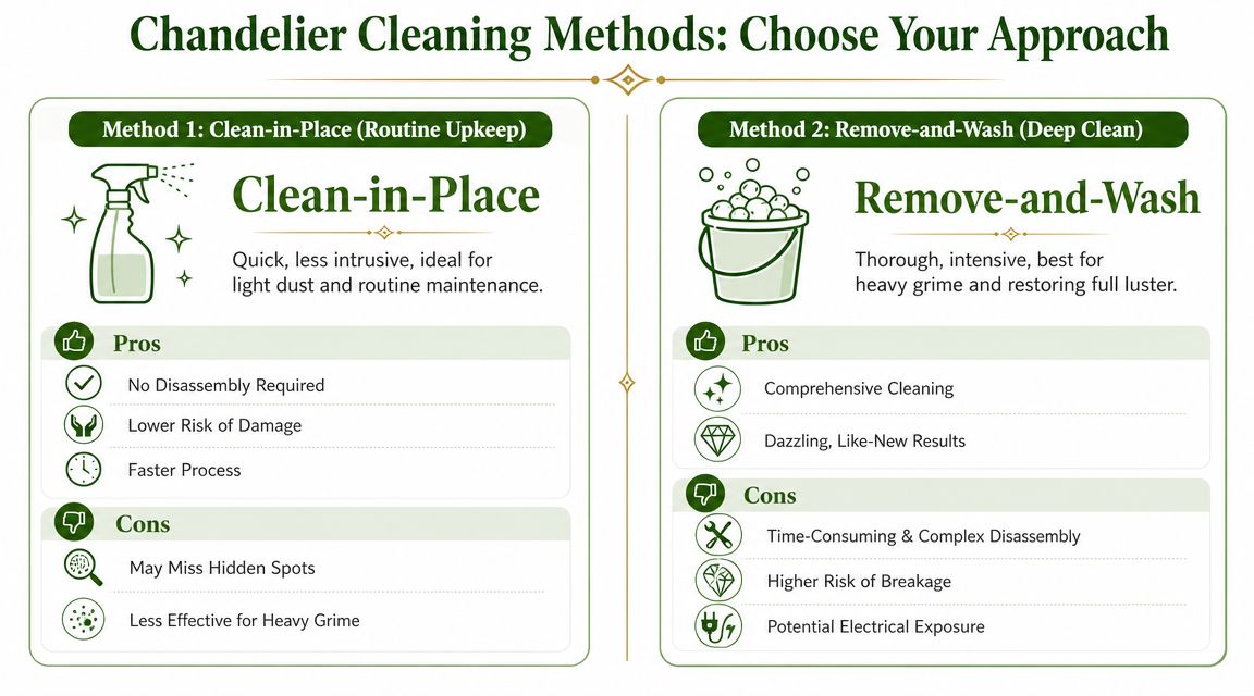 A comparison chart showing two methods for cleaning a crystal chandelier: Clean-in-Place and Remove-and-Wash.