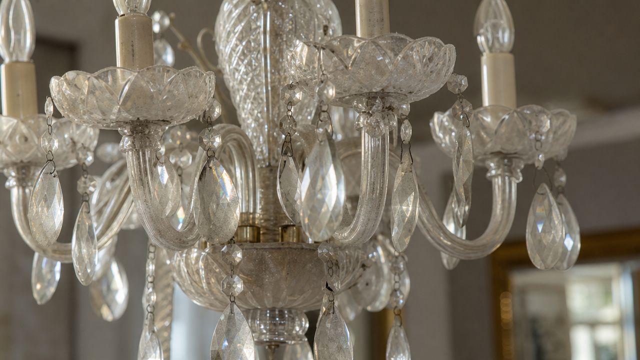 A close-up view of a dusty antique crystal chandelier featuring ornate glass prisms and light bulbs.