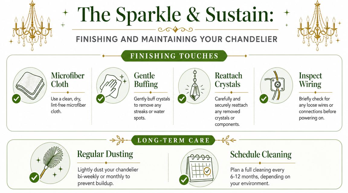 An infographic detailing steps for finishing and maintaining a crystal chandelier, including cleaning and regular maintenance tips.