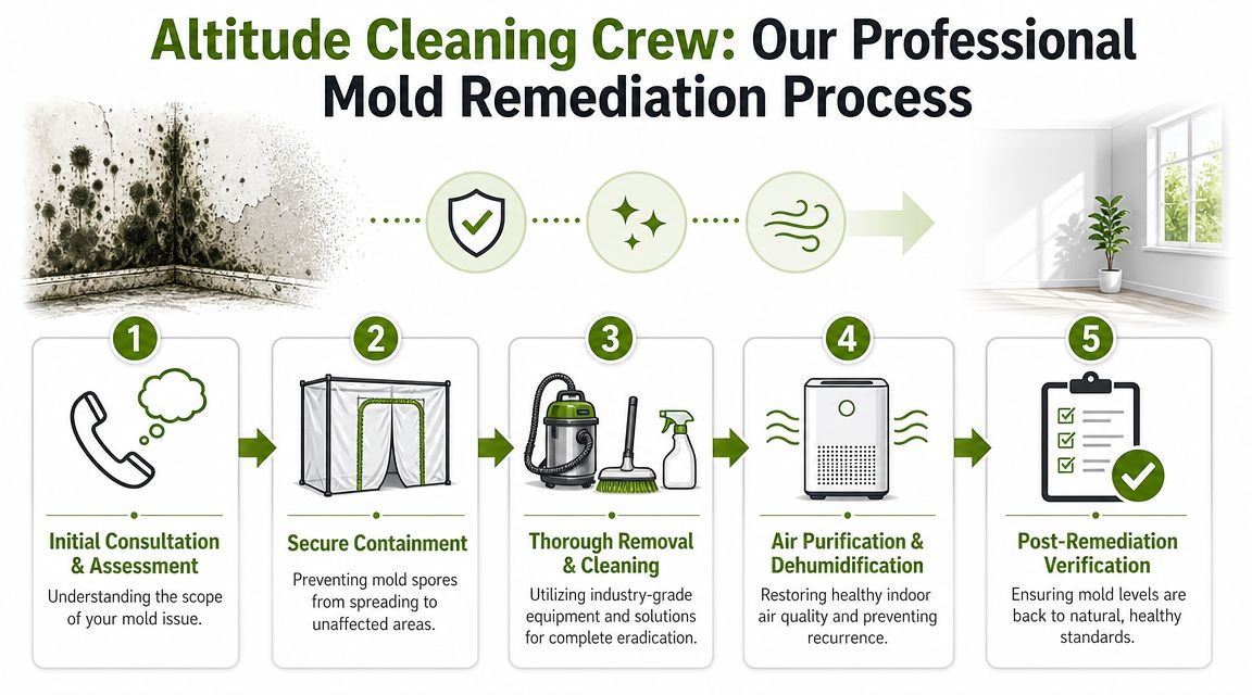 A five-step infographic showing the professional mold remediation process, from assessment to final verification.