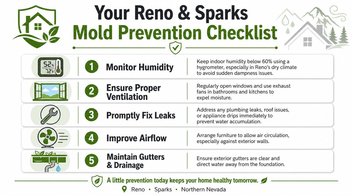 A helpful infographic showing five essential tips for preventing mold growth in Reno and Sparks homes.