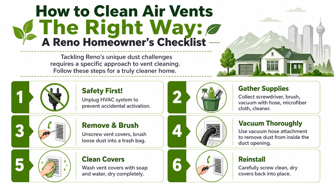 An infographic titled How to Clean Air Vents with a six-step guide for homeowners.