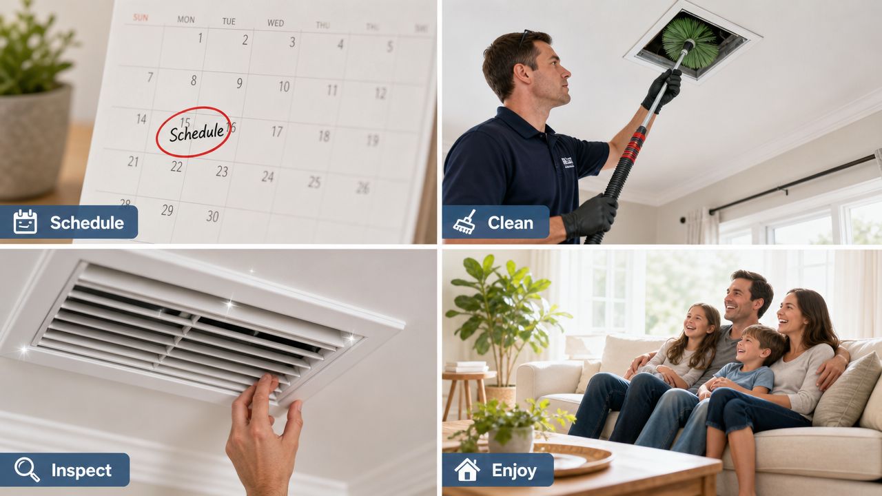 A four-part illustration showing the air vent cleaning process from scheduling to inspection and family enjoyment.