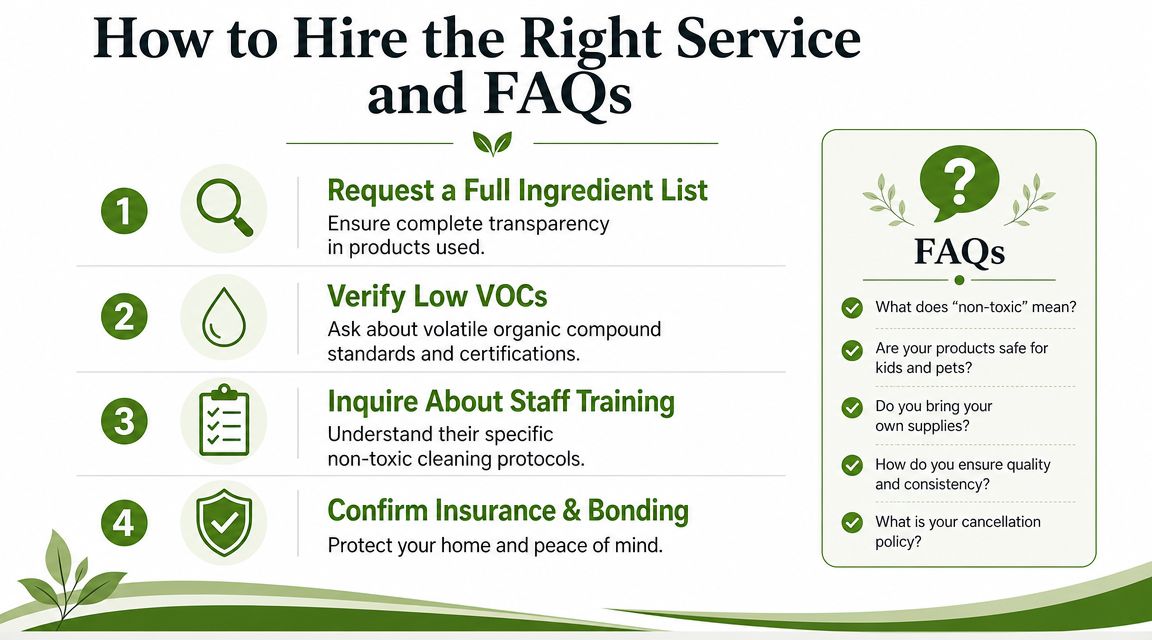 A professional infographic titled How to Hire the Right Service featuring tips for selecting non-toxic cleaning companies.