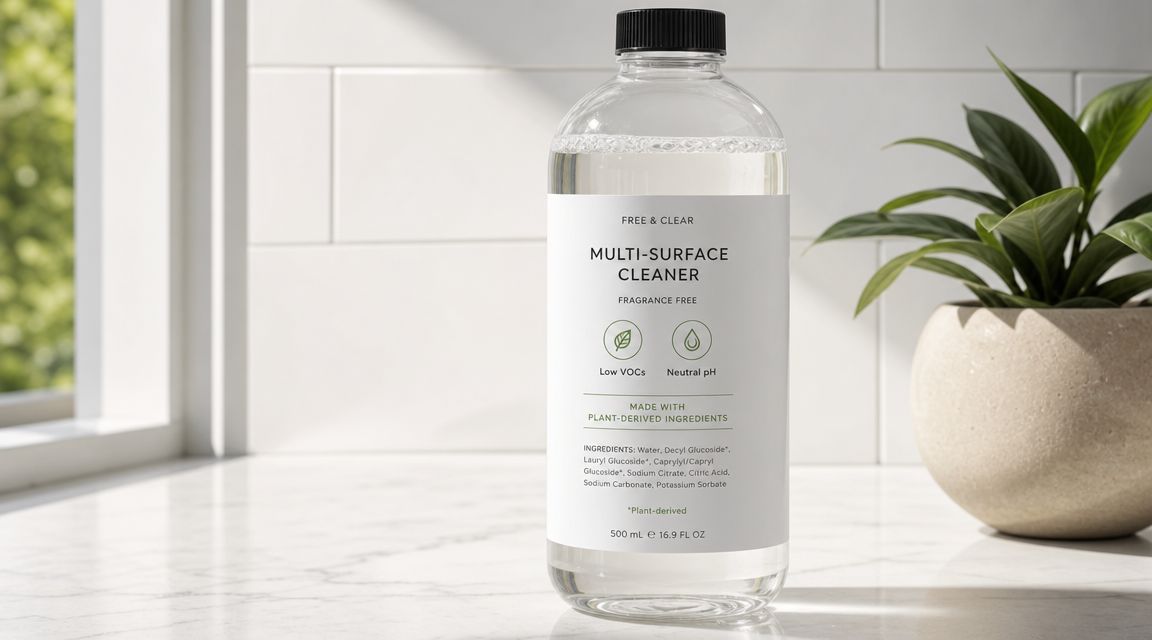 A clear plastic bottle of multi-surface cleaner sitting on a white marble countertop next to a potted plant.