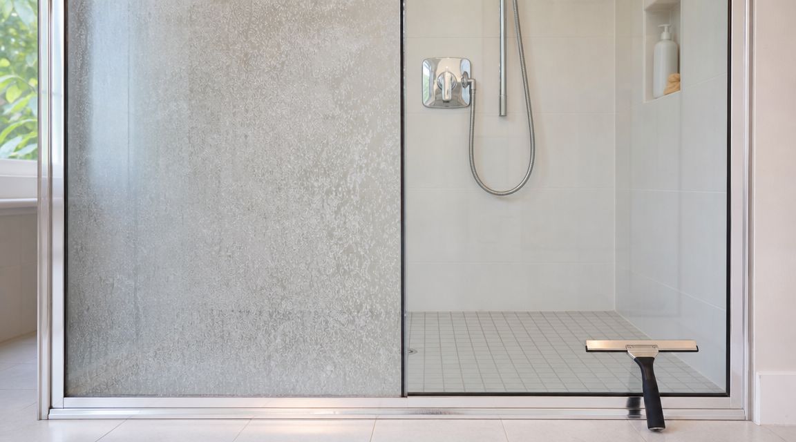 A clean, modern walk-in shower with a glass door and a squeegee resting on the floor.