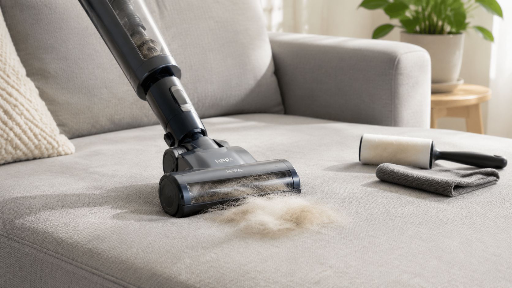 A cordless vacuum cleaner removes pet hair from a beige fabric sofa in a bright room.