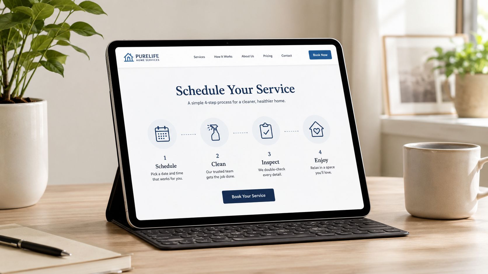 A tablet screen displaying a professional home cleaning service website with a simple booking process guide.