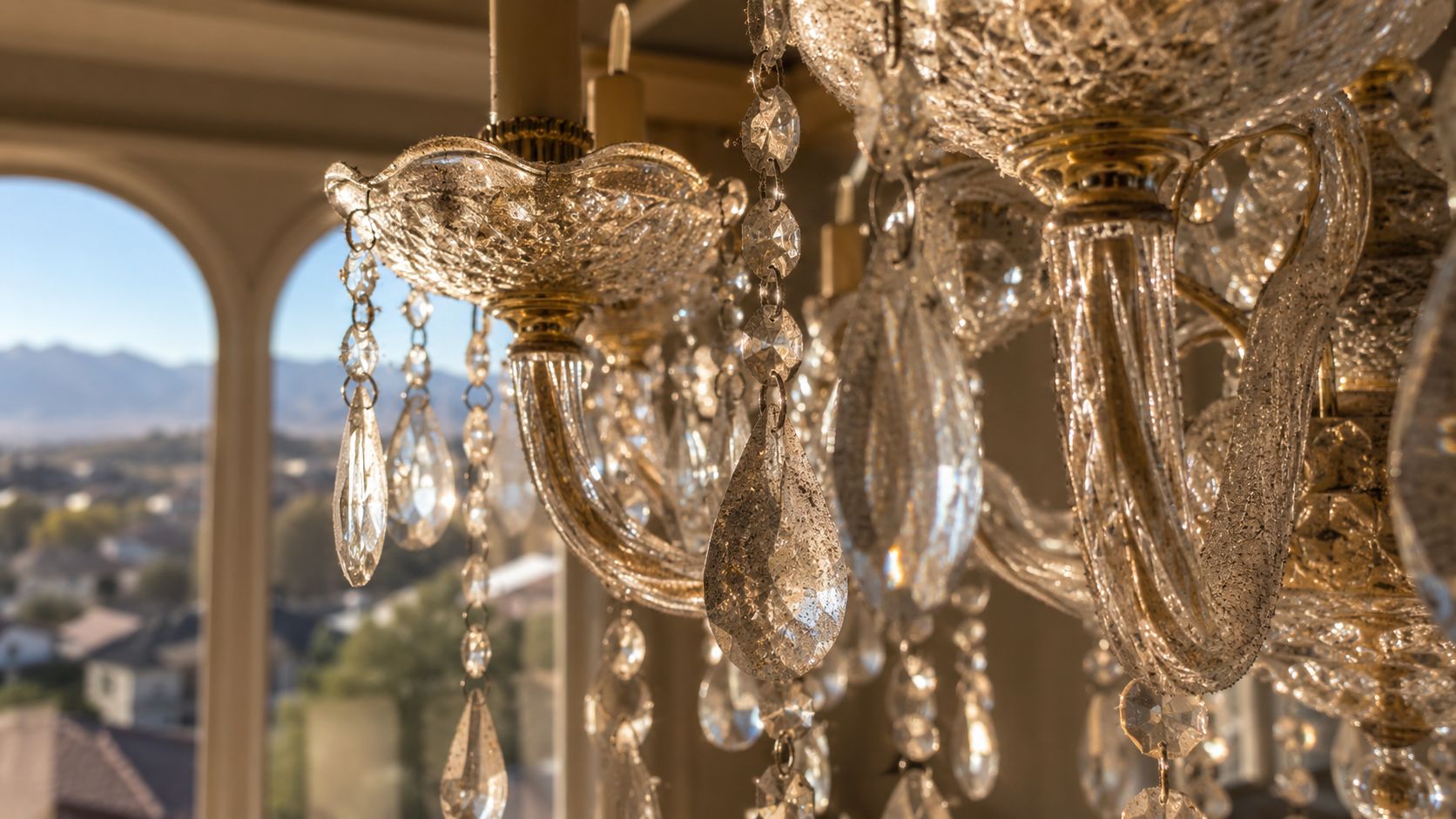 A close-up view of a crystal chandelier sparkling under warm sunlight with an out-of-focus window view.