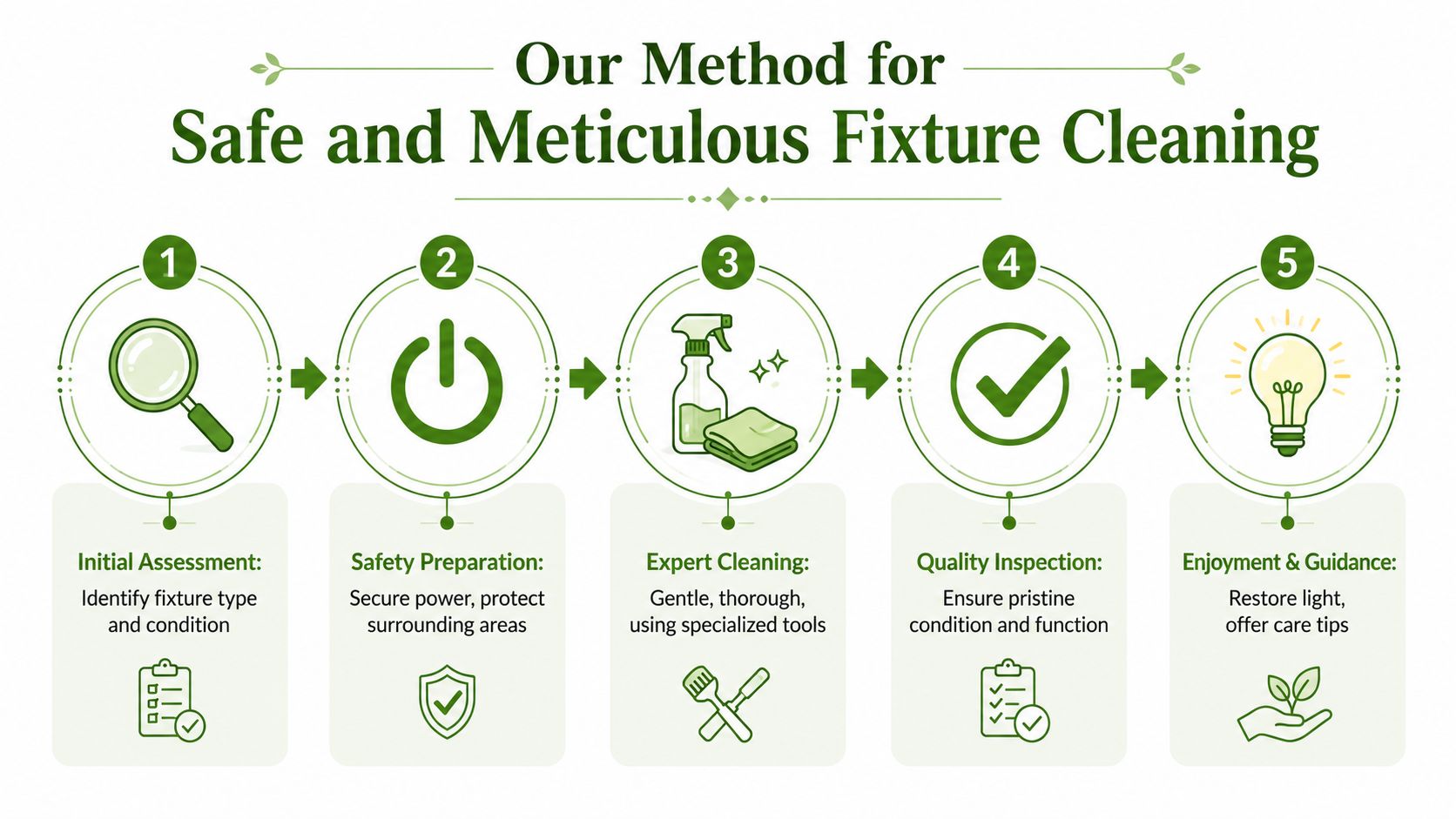 A five-step infographic showing the professional process for safe and meticulous light fixture cleaning services.