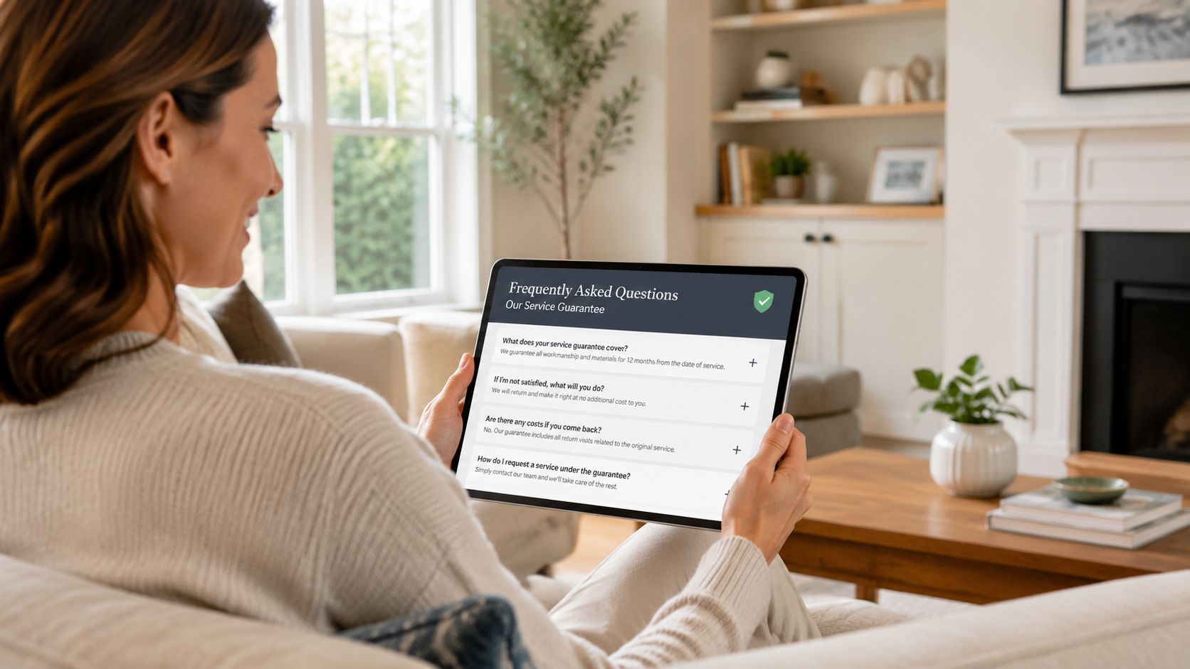 A woman sits comfortably on a couch while viewing customer satisfaction guarantee FAQs on a digital tablet.