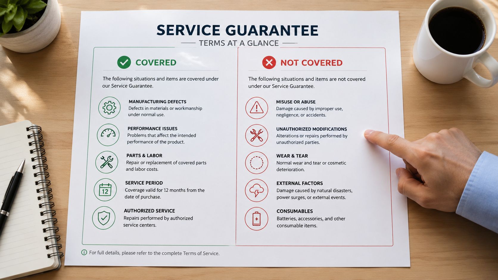 A document detailing service guarantee terms, listing covered and not covered items in a professional office setting.