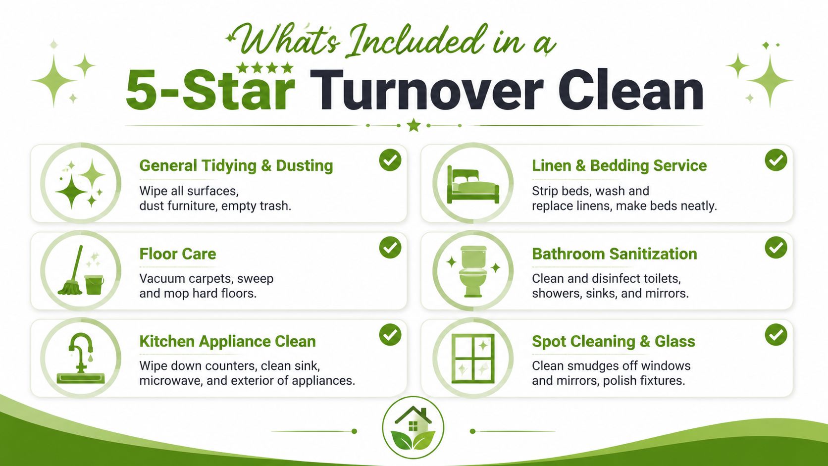 A 5-star turnover cleaning service checklist infographic listing housekeeping tasks for property maintenance and rental cleaning.