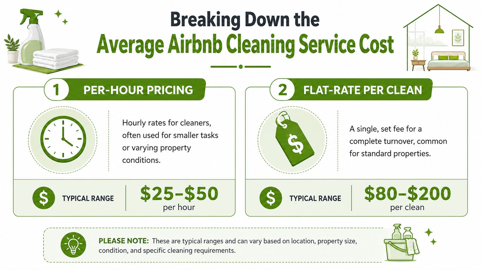 An infographic detailing typical hourly rates and flat-rate cleaning costs for Airbnb property turnover services.