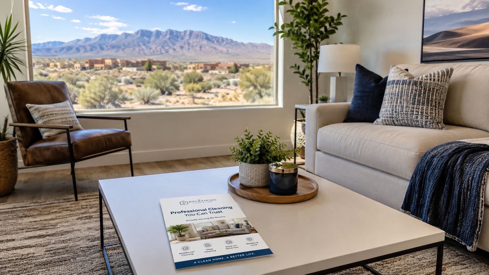 A marketing flyer for Rio Rancho Clean and Care resting on a modern living room coffee table.