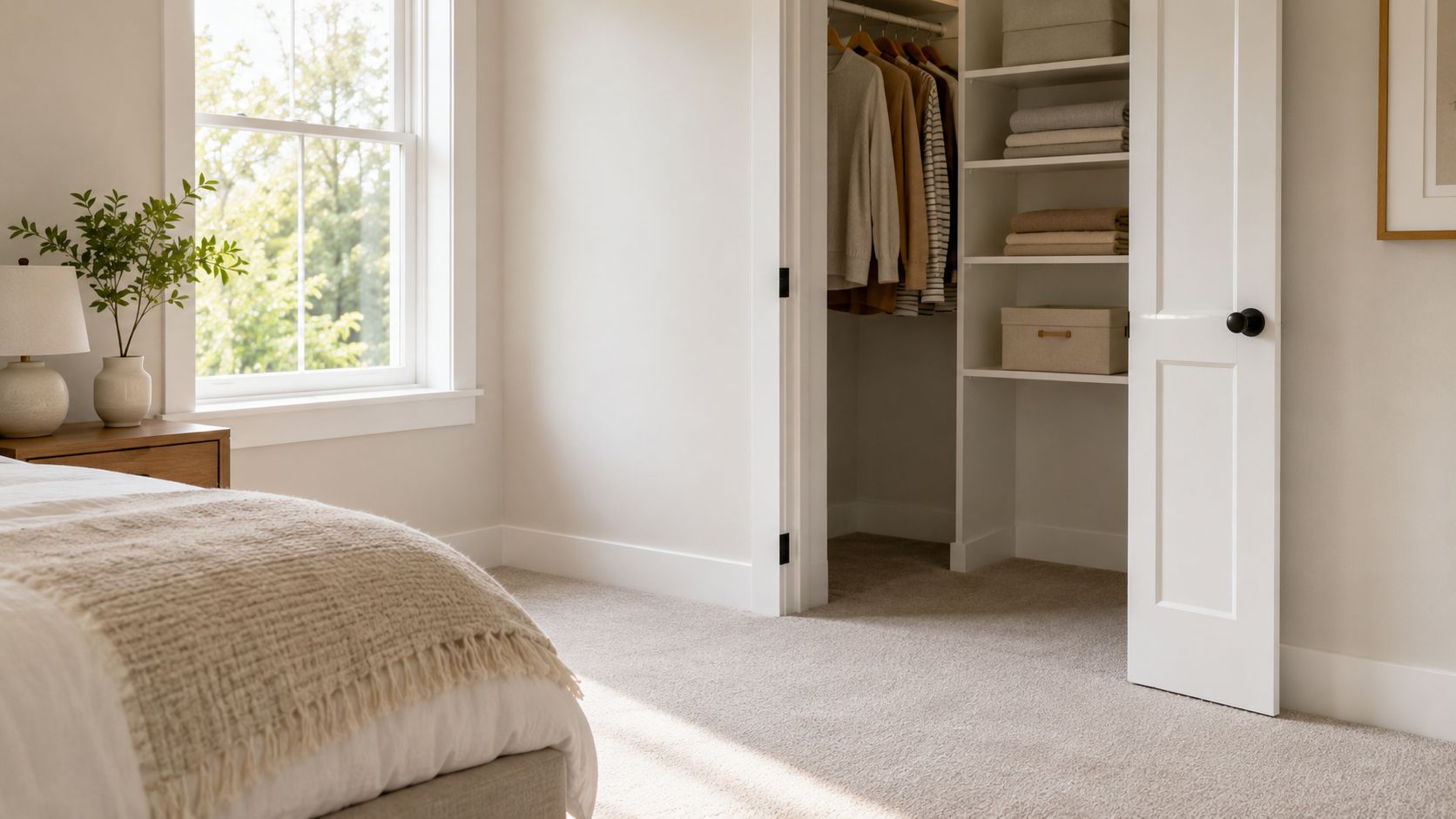 A minimalist bedroom featuring a cozy bed, bedside table, and an organized walk-in closet space.