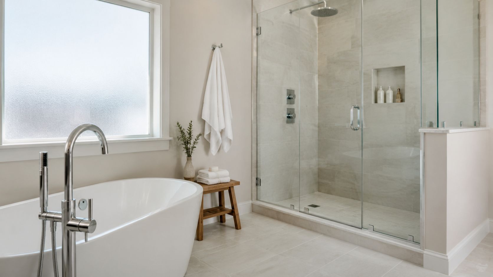 A modern, bright bathroom featuring a white soaking tub, a large glass shower, and neutral tile flooring.