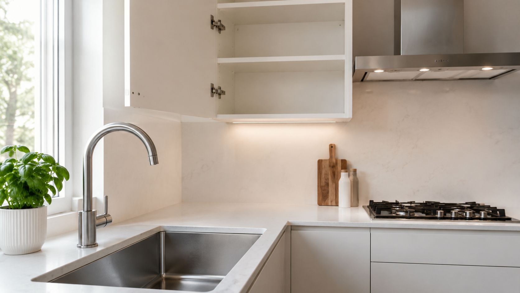 A clean modern kitchen counter with a stainless steel sink, faucet, and gas stove top.