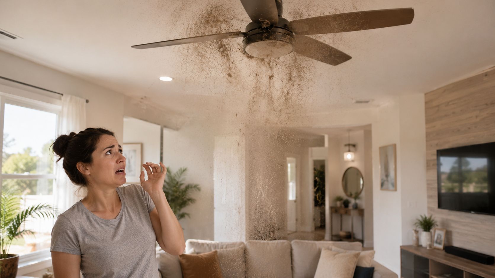 A concerned woman watches as dust and debris fall from a dirty ceiling fan in her home.