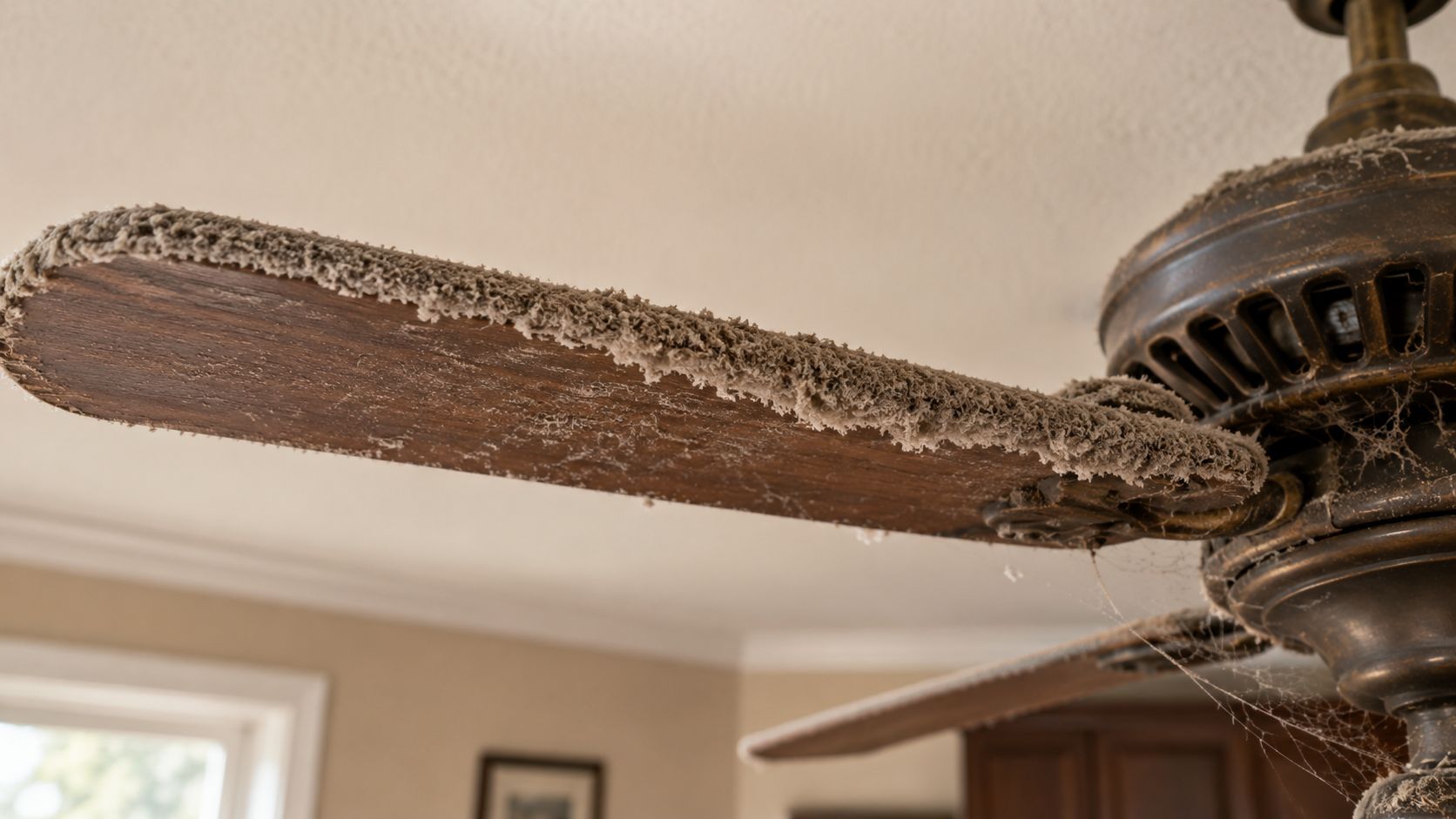A thick layer of grey dust and cobwebs accumulated on a wooden ceiling fan blade.
