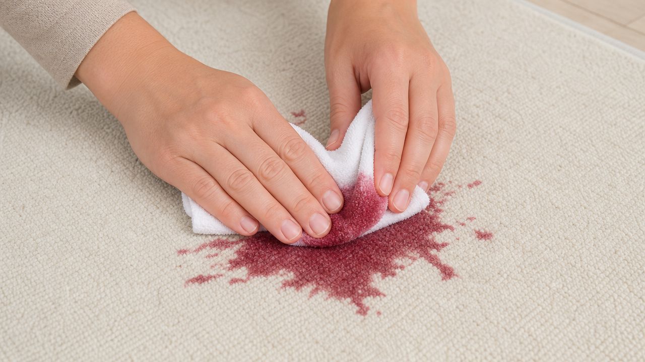 A person using a white cloth to blot and clean a fresh red wine stain on carpet.