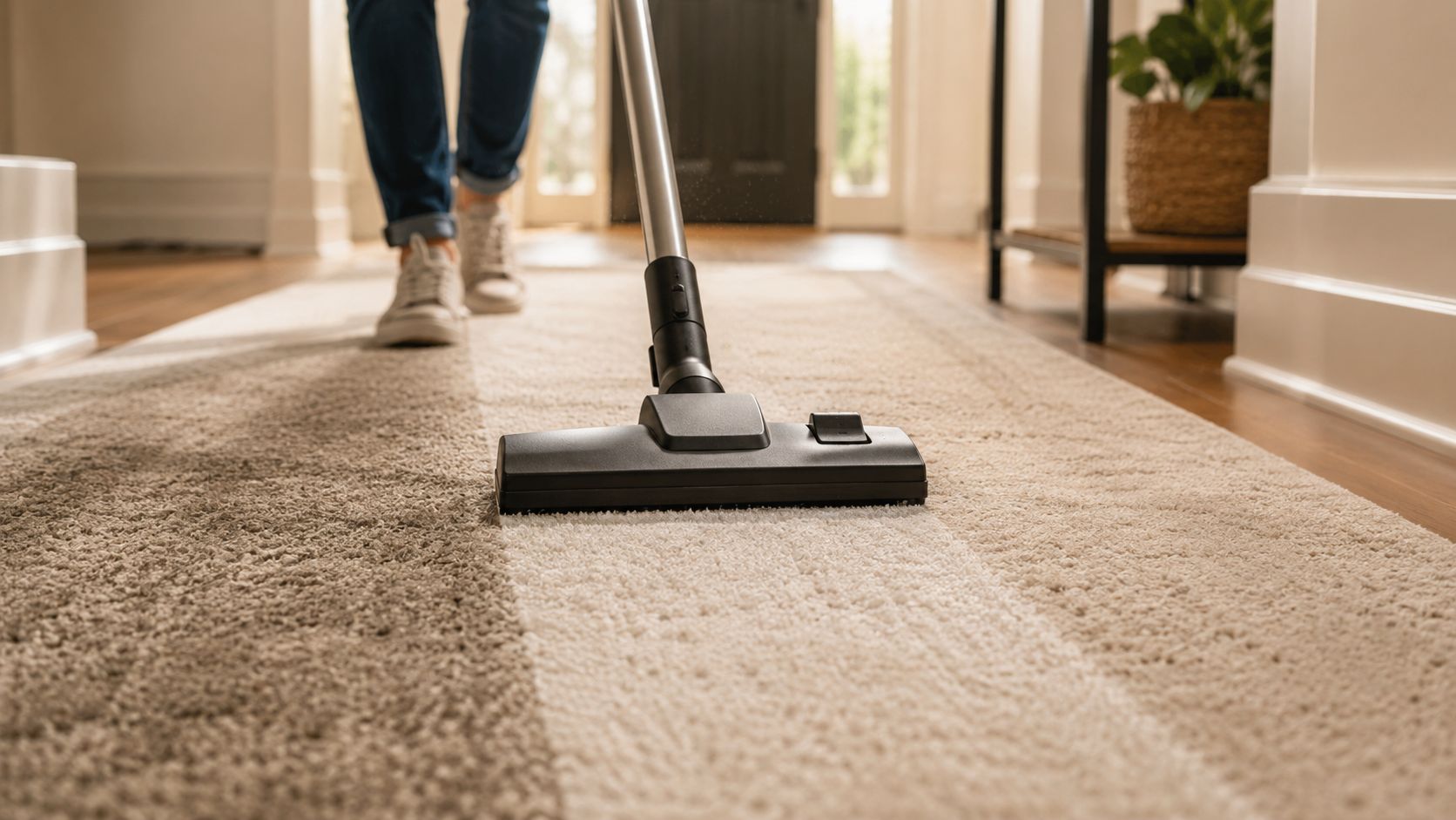 A person vacuums a plush carpeted hallway, showing a clean path on the rug cleaning tips.