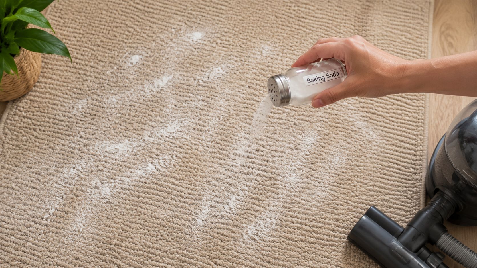 A hand sprinkling baking soda onto a beige carpet rug for cleaning purposes near a vacuum cleaner.