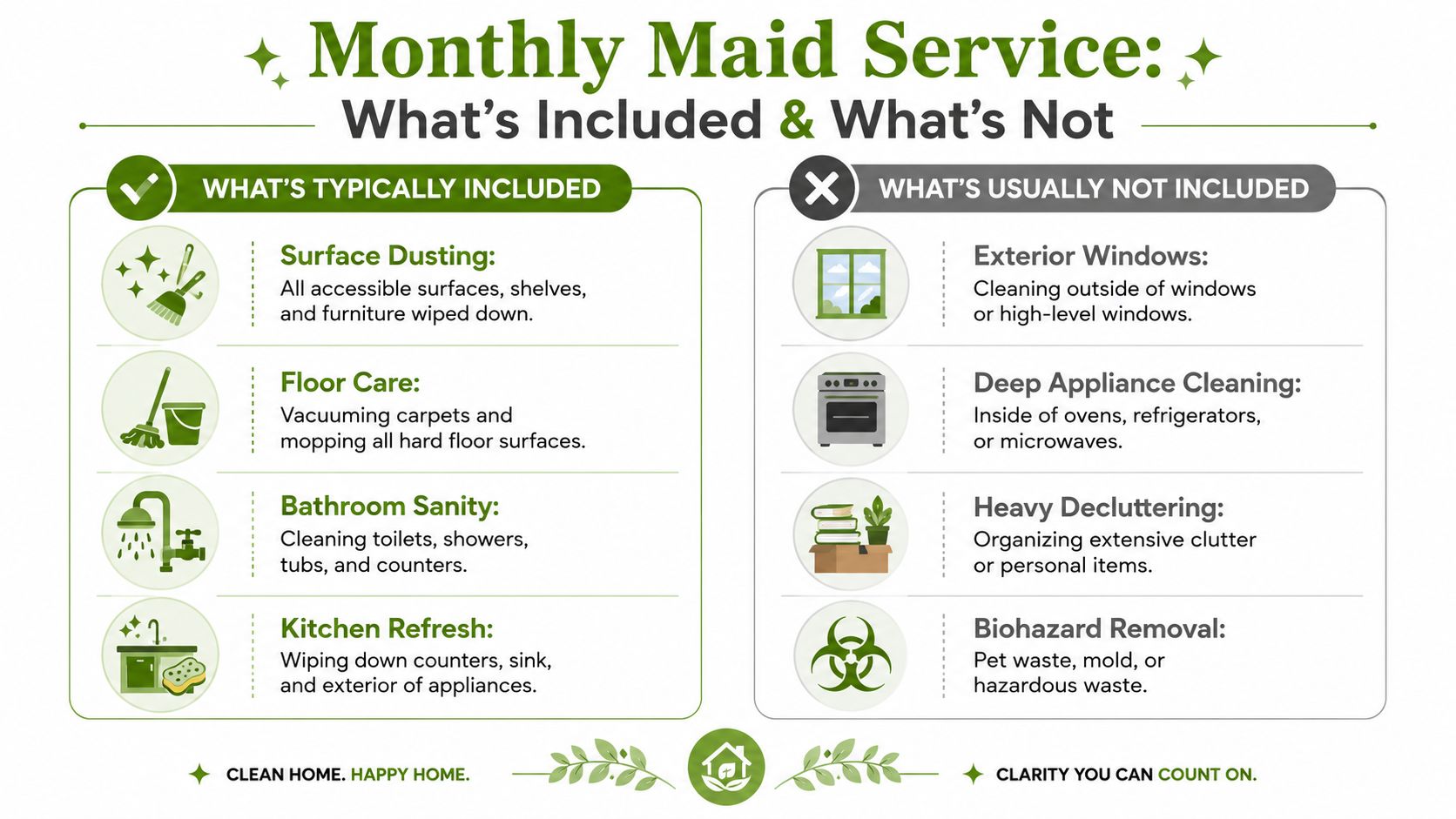 An infographic titled Monthly Maid Service showing a list of cleaning tasks typically included and excluded.