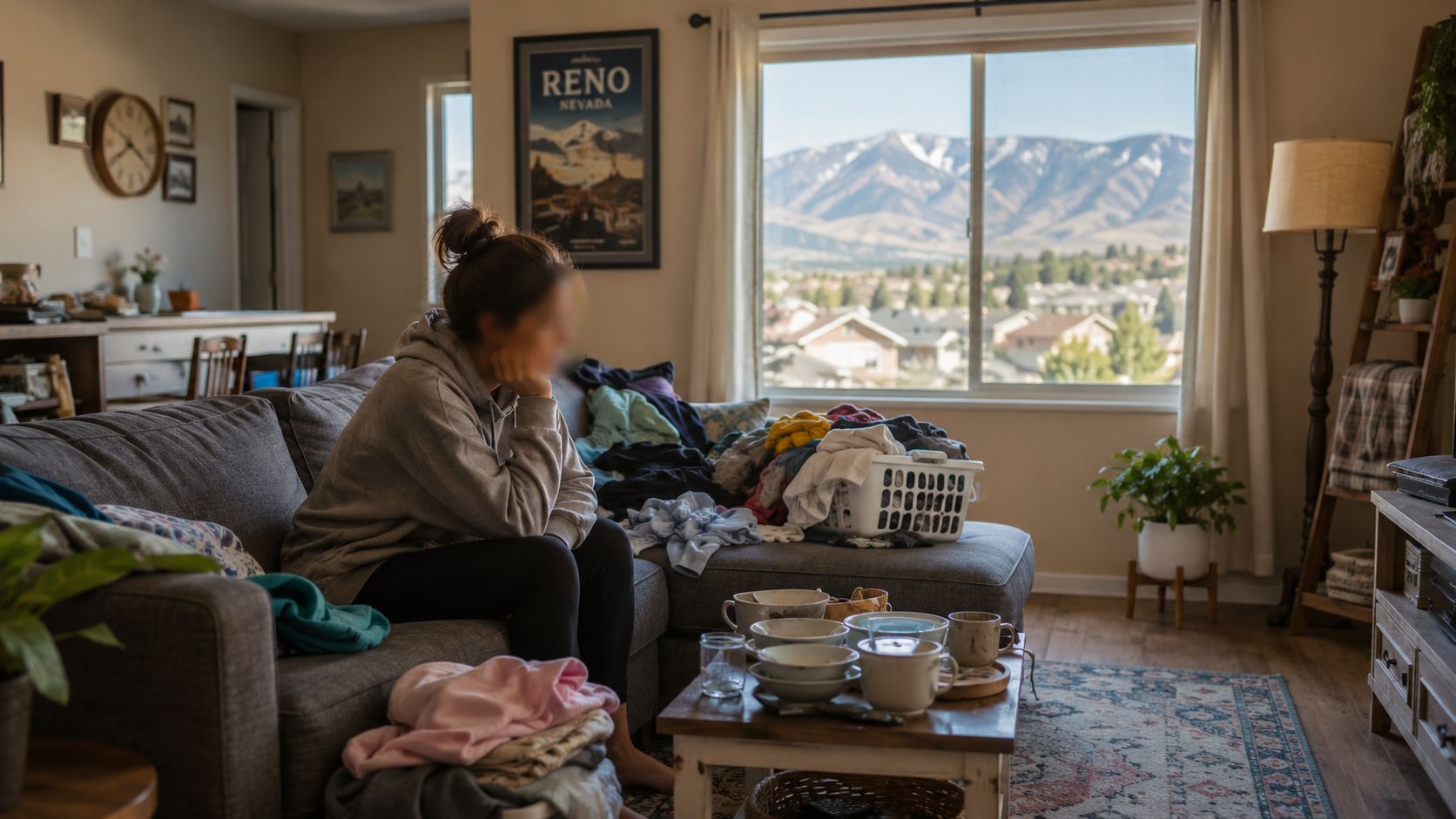 A person sitting on a cluttered couch in a living room with laundry and dirty dishes.