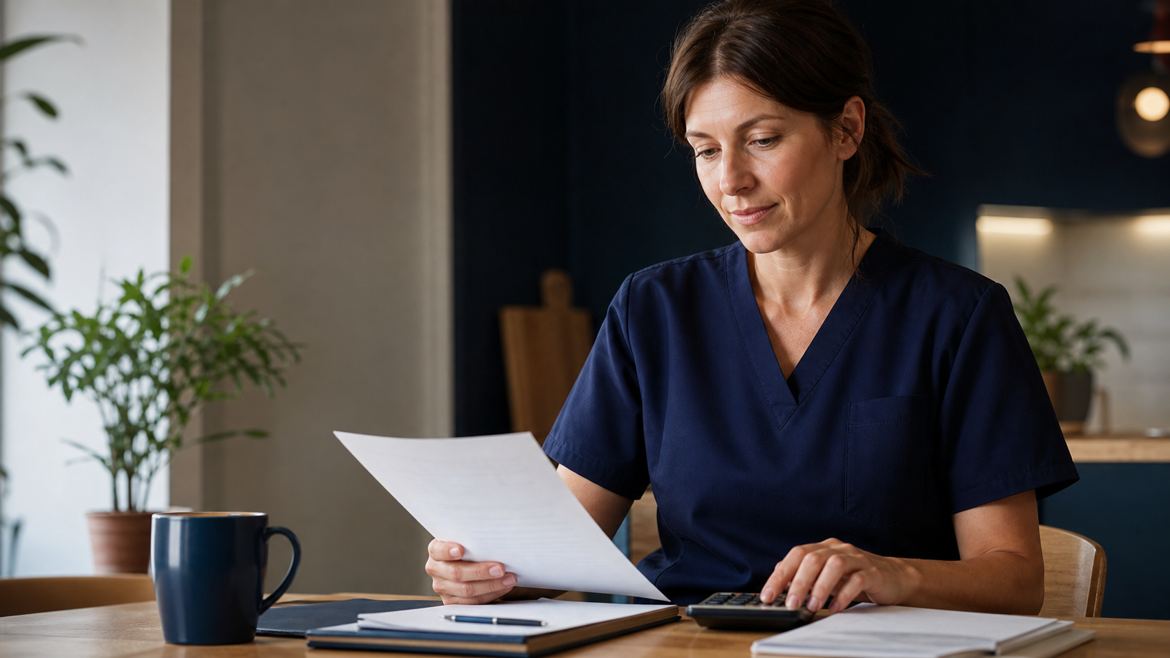 Infirmière libérale relisant son contrat de prévoyance et ses charges professionnelles