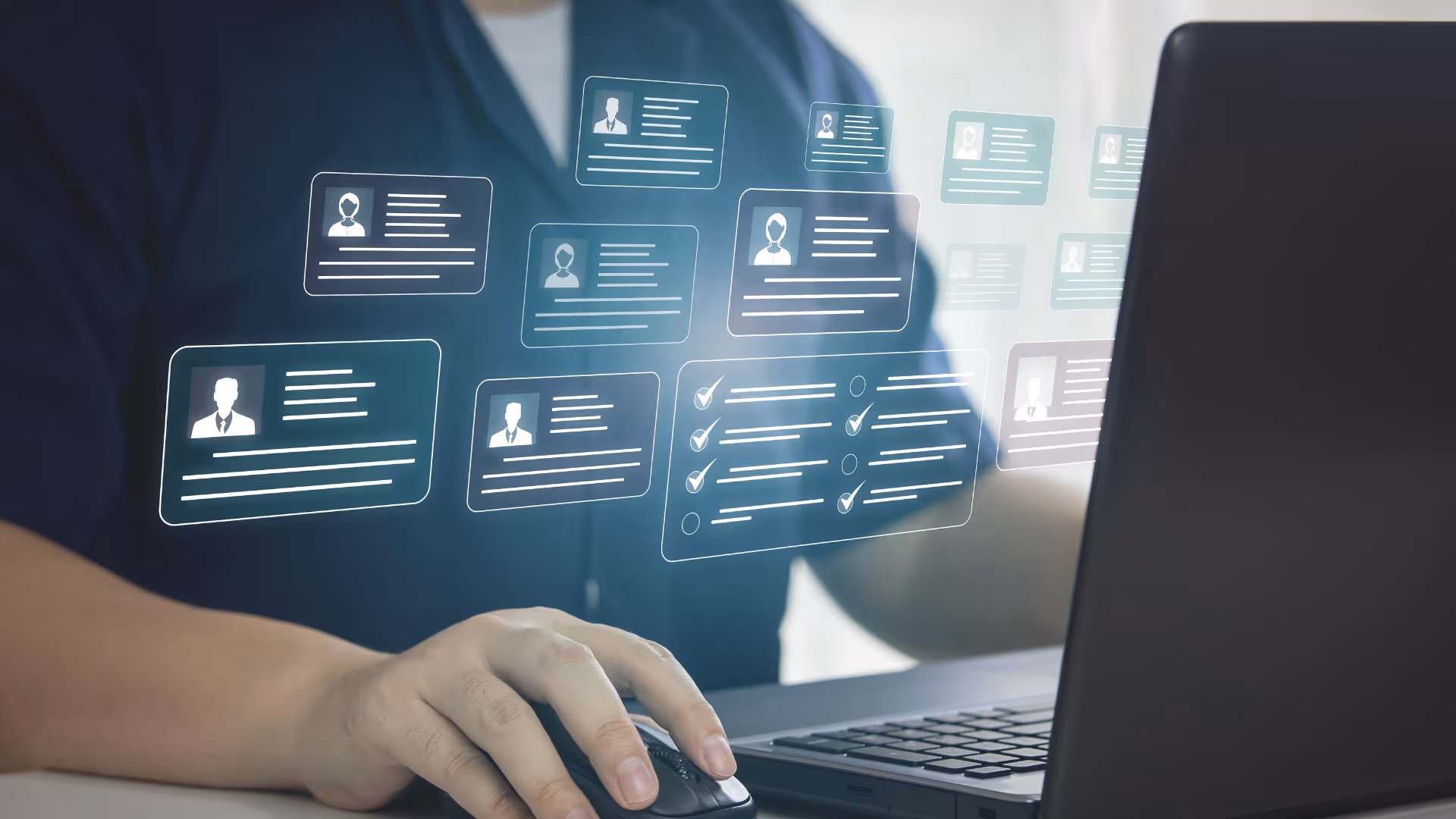 Person arbeitet am Laptop mit virtuellen Personal-Profilen und Checklisten – Symbolbild für den Einsatz von KI im Personalwesen.
